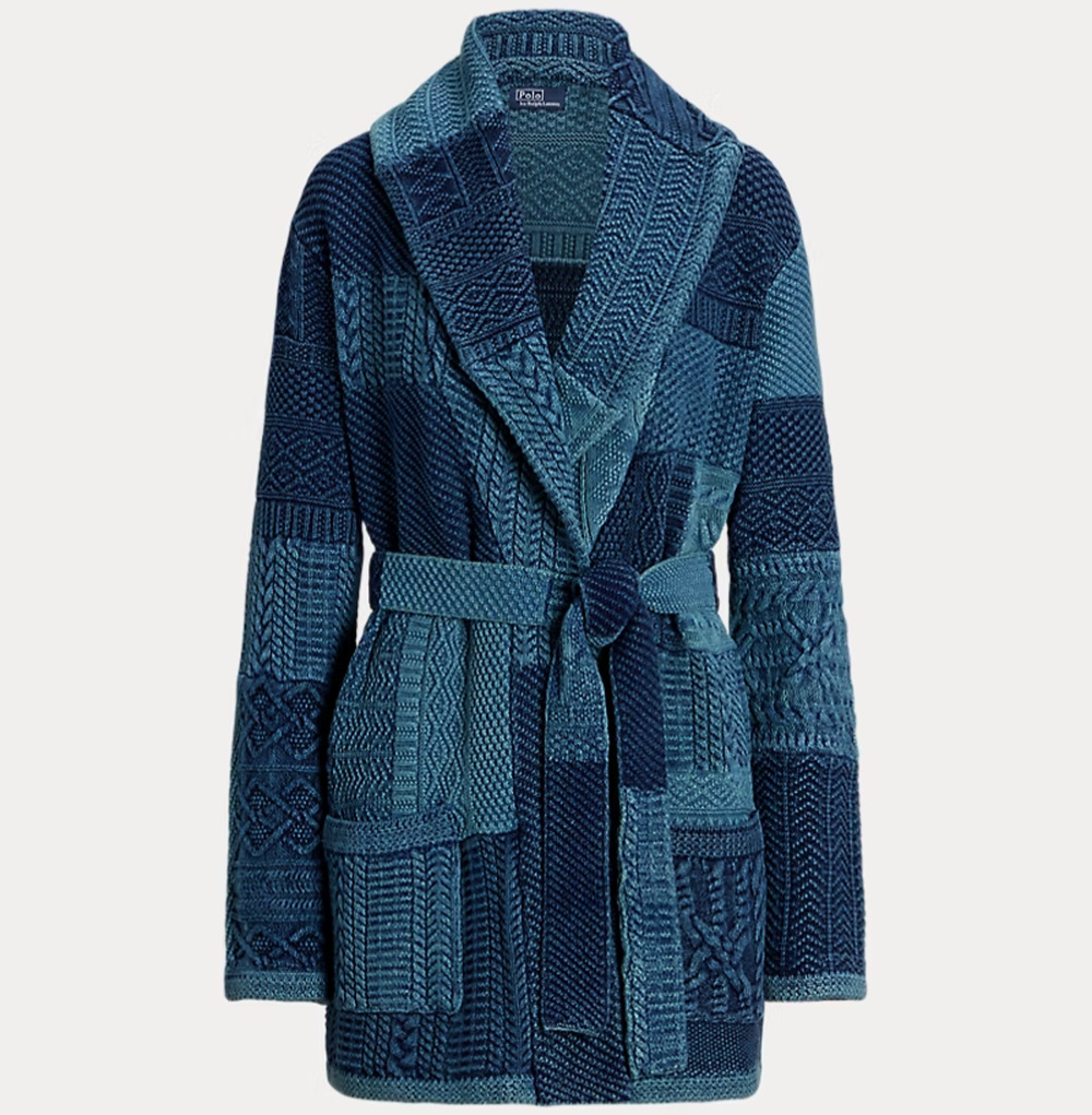 POLO Ralph Lauren Patchwork Cotton Cardigan Womens L Blue Chunky Knit Belted EUC
